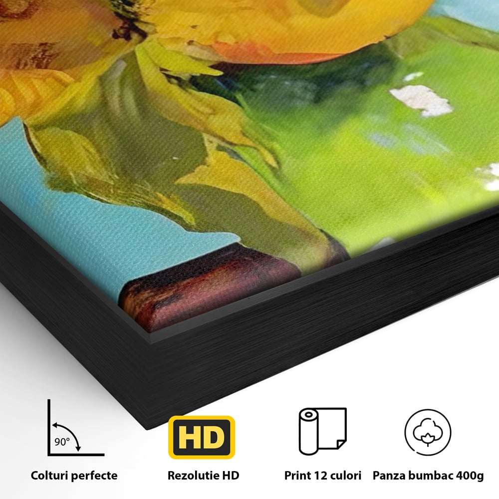 Detaliu al suprafetei: tablou canvas cu floarea soarelui in vaza, in rama de aluminiu negru
